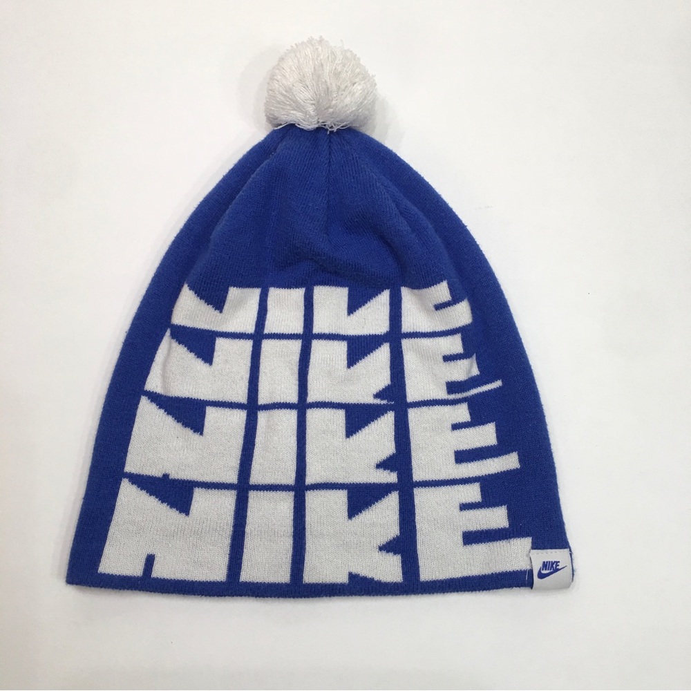 Nike Spellout Blue Pom Pom Winter Beanie Hat One Size